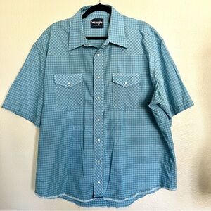 WRANGLER Blue Plaid Pearl Snap Short Sleeve Button Up Shirt Size 18 Tall Vintage